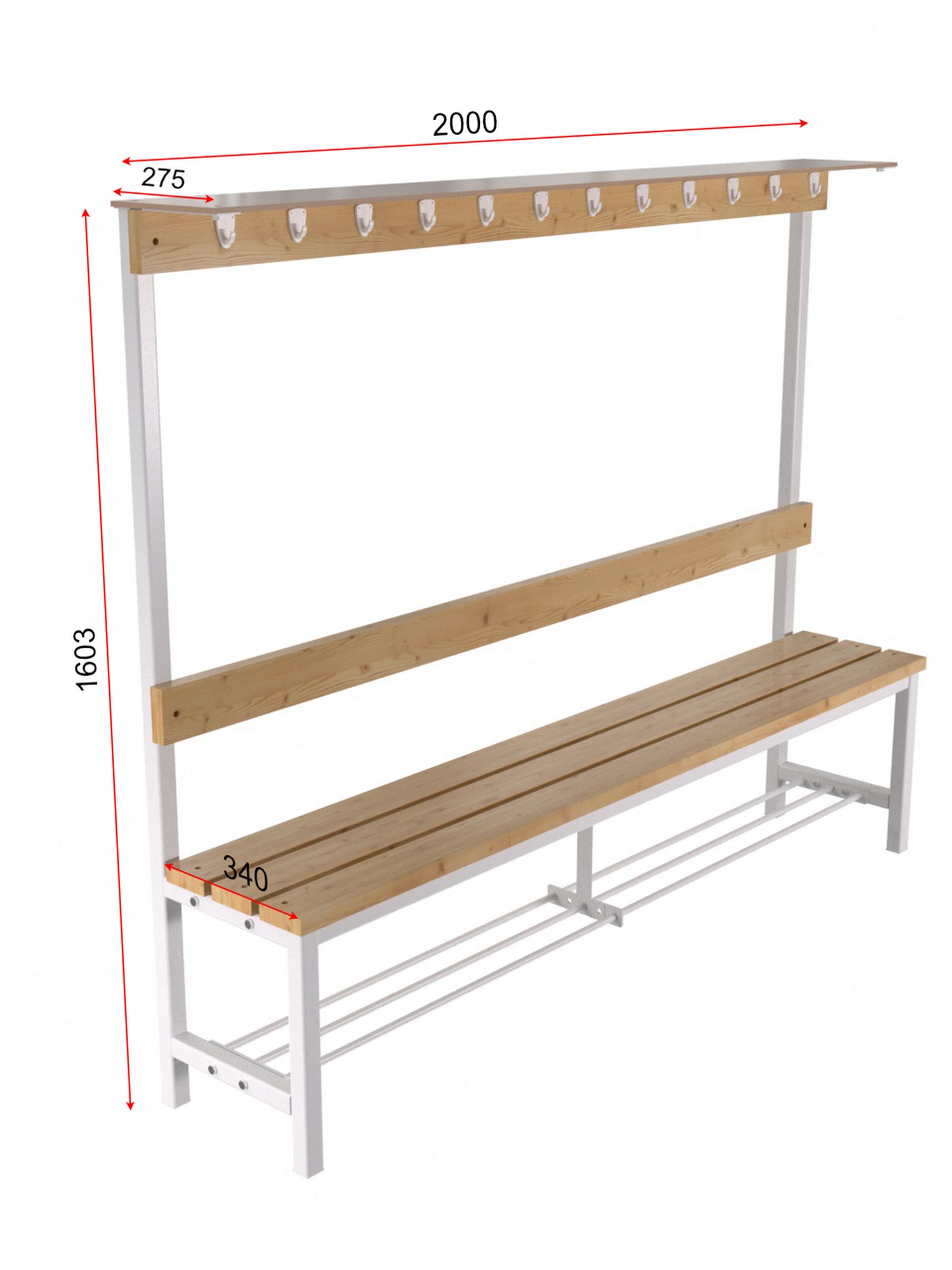 Скамейка для раздевалки c вешалкой односторонняя разборная с полкой для обуви и для головных уборов 2 м Glav 10.006-2000 1500_2000
